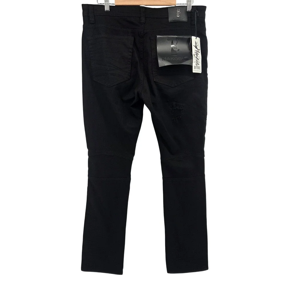 Makobi Biker Moto Jeans Mens 38x34 Black Distressed Slim‎ Streetwear Zip Pockets
